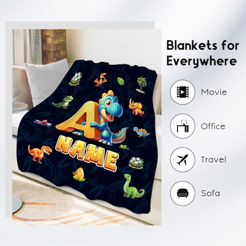 Dinosaur Blanket for Kids - Personalized Blankets Gifts for Boys - Cozy Lightweight Monogram Throw for Sofa & Bedroom Decor