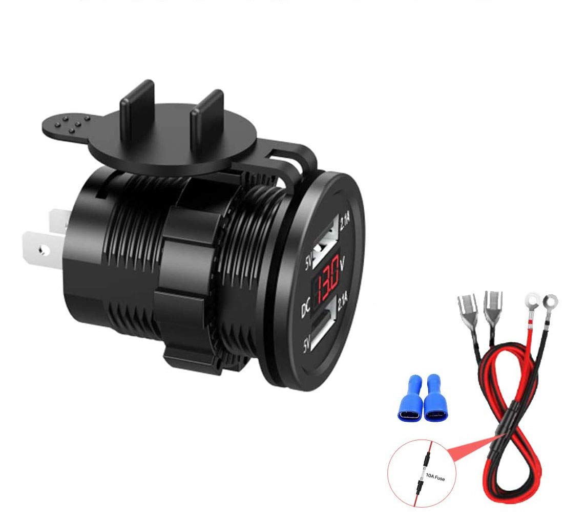 USB Charger Socket, Waterproof Power Outlet Charge with LED Voltmeter & Wire Fuse DIY Kit for 12V/24V Car Boat Marine ATV Bus Truck and More