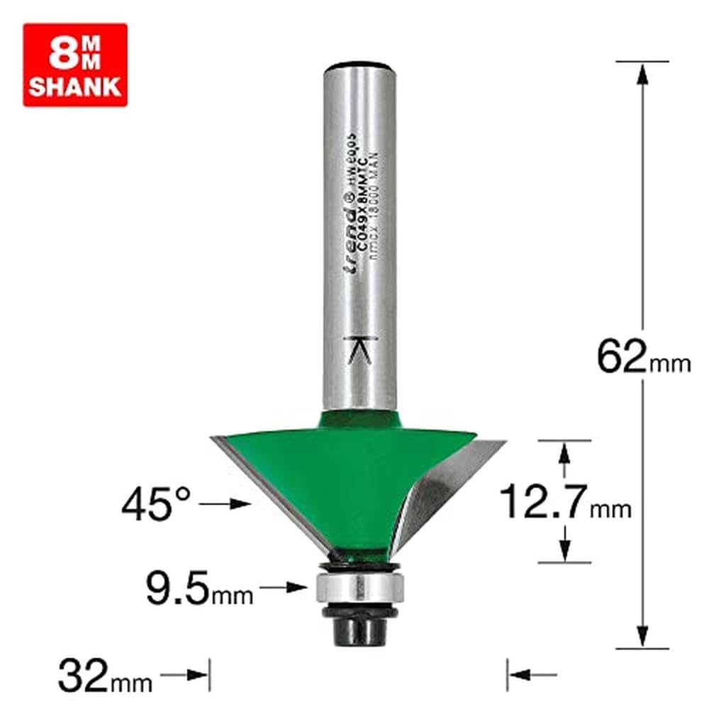 TREND CraftPro Selbstgeführter Fasenfräser, 8 mm Schaft, 45 Grad, 12.7 mm Schnittlänge, Hartmetallbestückt, C049X8MMTC