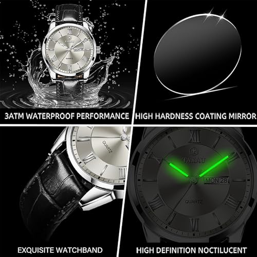 Taxau Mens Leather Watch Mens Wrist Watches Waterproof Analog Watches for Men Dress Watch Grey Dial Black Leather Band Luminous for Large Wrist Roman Number reloj de Hombre — view 5