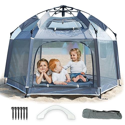 Image of Large Pop Up Children Playpen Easy Set-Up Baby Travel Beach Tent Toddler Indoor Play House and Outdoor Play Tent with UPF50+ Kids Bacyard Tent with 6 Stakes