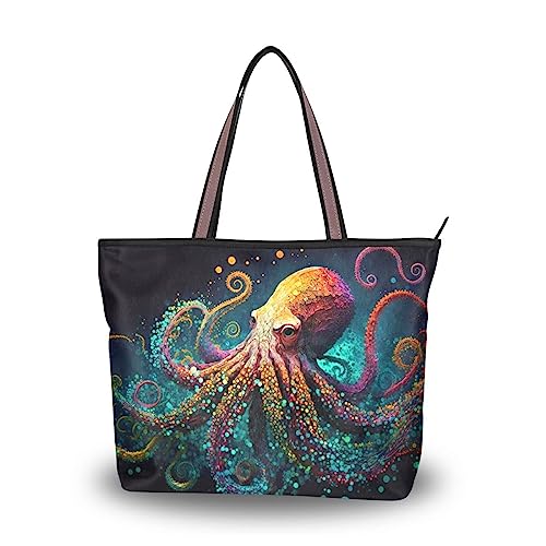 Tote Bag for Women (Painting Octopus Orange), Zipper Purse Shoulder Bag Handbag Reusable Grocery Bag