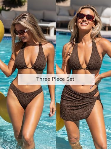 CUPSHE Women's Bikini Sets Three Piece Swimsuit V Neck Textured Halter Back Self Tie Twist Sarong Low Rise, L Brown