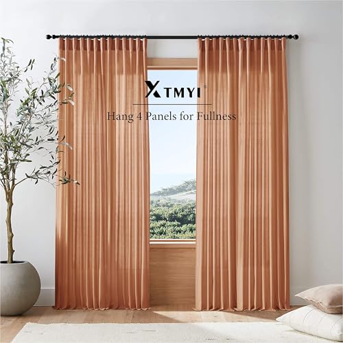 Image of XTMYI Terracotta 90 Inch Length 2 Panels Back Tab /Hook Belt Linen Cotton Sheer Curtains for Bedroom Set