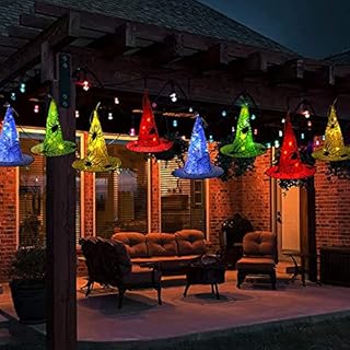 8 PCS Hanging Witch Hat with Remote Battery Operated String Lights, Outdoor Waterproof Halloween Decoration Lights, Lighted Spider Hats for Front Porch, Yard, Patio, Garden, Tree, Party Decor