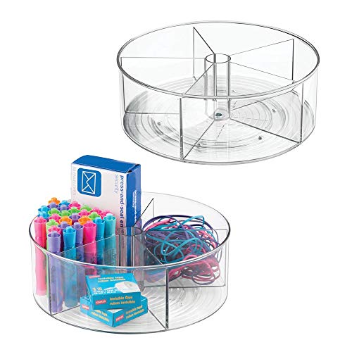 mDesign Deep Plastic Lazy Susan Turntable Storage Container - Divided Spinning Organizer for Home Office Supplies Pens Erasers Tape Colored Pencils - 2 Pack - Clear