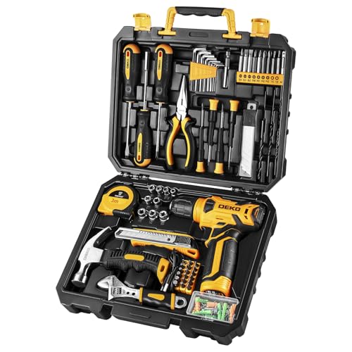 DEKO Caja Herramientas Completa con Destornillador Electrico/Taladro con bateria de 8V, Maletin de 126 Piezas, Caja profesional de herramientas Domésticas de Bricolaje para Oficinas y Jardín, Amarillo