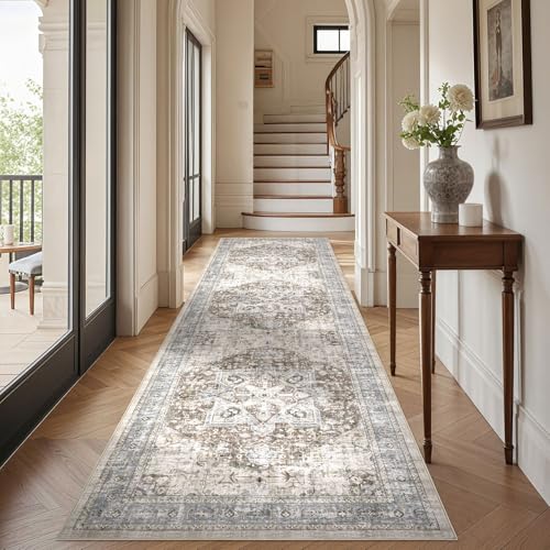 Tortania Area Rug 3x12 Runner Rugs - Washable Vintage Oriental Farmhouse Thin Indoor Carpet for Living Room Bedroom Hallway Entryway Kitchen Under Dining Table Home Office - Brown Blue