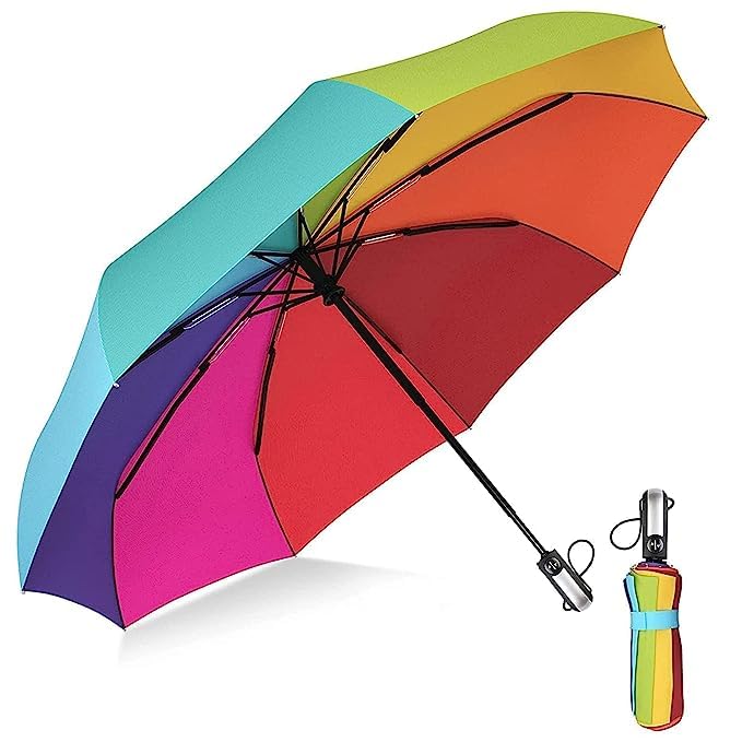 VAKTAVYA Foldable Auto Open/Close 8 Ribs 8 colors Rainbow Umbrellas Safety Night Reflective Strip, Automatic Open & Close Travel Compact Winproof Umbrella 3 Fold with Auto Open