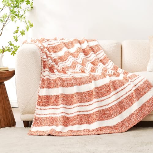 Image of Snuggle Sac Orange Fall Throw Blanket for Couch, Reversible Super Soft Blankets Warm Cozy Knit Fuzzy Plush Blankets for Sofa,Living Room, Stripe Orange,50x60 inches