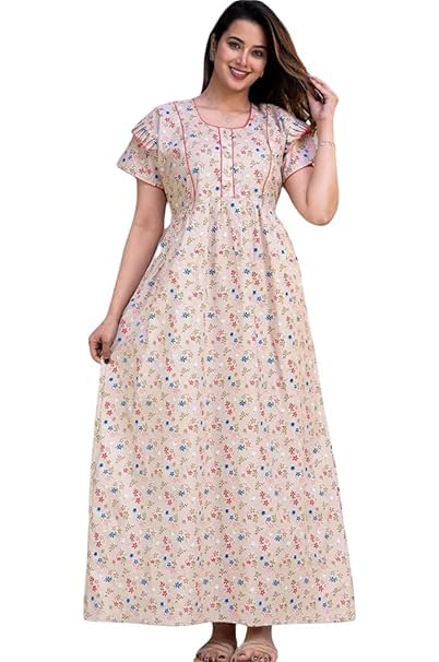 Women's Cotton Maxi Nighty | Floral Printed Full Length Night Gown for Women | Soft Breathable Sleepwear | Stylish Sleeve Beautiful Neck Night Dress Nighty for Ladies (Free Size)-picture-14