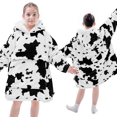 yescool Wearable Blanket Hoodie Kids, Oversized Blanket Sweatshirt with Sherpa Teen Girl Gifts for Kids, Youth, Boys, Girls, 8-15 Year Old Girl Boy Gift Warm Teen Wearable Blankets, One Size, Cow