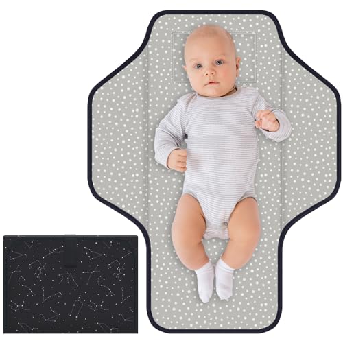 Image of CUXFLS Baby Portable Diaper Changing Pad, Foldable Travel Diapering Changing Mat with Built-in Pillow, Waterproof Compact Changing Pad for Newborn Baby Changing Station, Infant Gift（Black Astral）