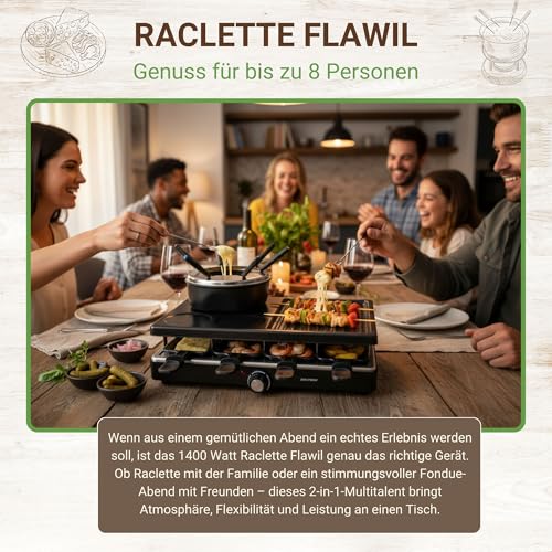 Syntrox Raclette Fondue 2in1 für 8 Personen, 1400 W, antihaft Grillplatte, 8 Pfännchen, 1,4 l Fondue-Topf, Thermostatsteuerung – Bild 2