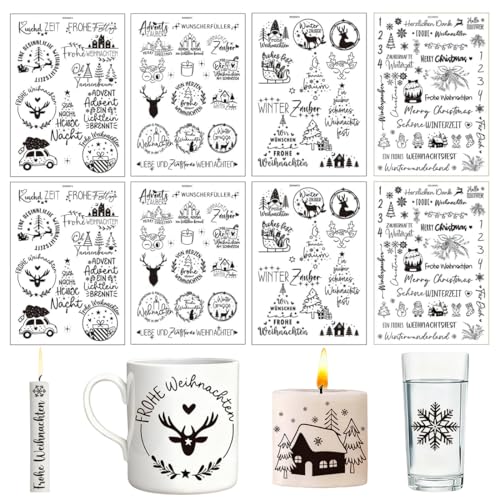 HQRKOTM 8 Stück Kerzentattoos Weihnachten kerzen folie weihnachten kerzenaufkleber Tattoo kerzentatoos weihnachten aufkleber für Kerzen/Keramik(B).