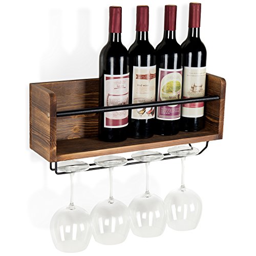 MyGift 19-Inch Industrial Style Brown Wood 5-Wine Bottle Floating Display Shelf/Wall Mounted