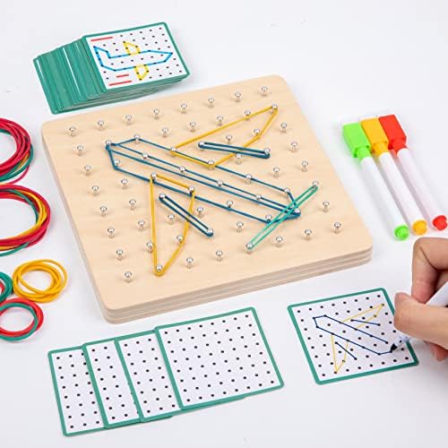 Auvewilo Wooden Geoboard with Rubber Bands, Montessori STEM Educational Toys for Kids, Geometry Learning and Spatial Reasoning 7 51H3kK20ymL. AC