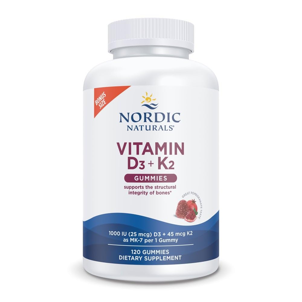 Nordic Naturals Vitamin D3+K2 Gummies, Pomegranate - 120 Count | 1000 IU Vitamin D3 + 45 mcg K2 per gummy supports bone health and muscle function. Non-GMO. Pomegranate flavor. 120 servings