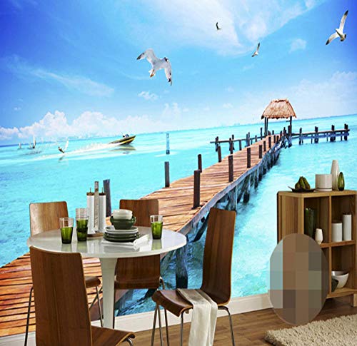 Preisvergleich Produktbild Benutzerdefinierte 3D Fototapete Meer Holzbrücke Segelschiffe Möwen Landschaft Wandbild Wohnzimmer Schlafzimmer Tapete