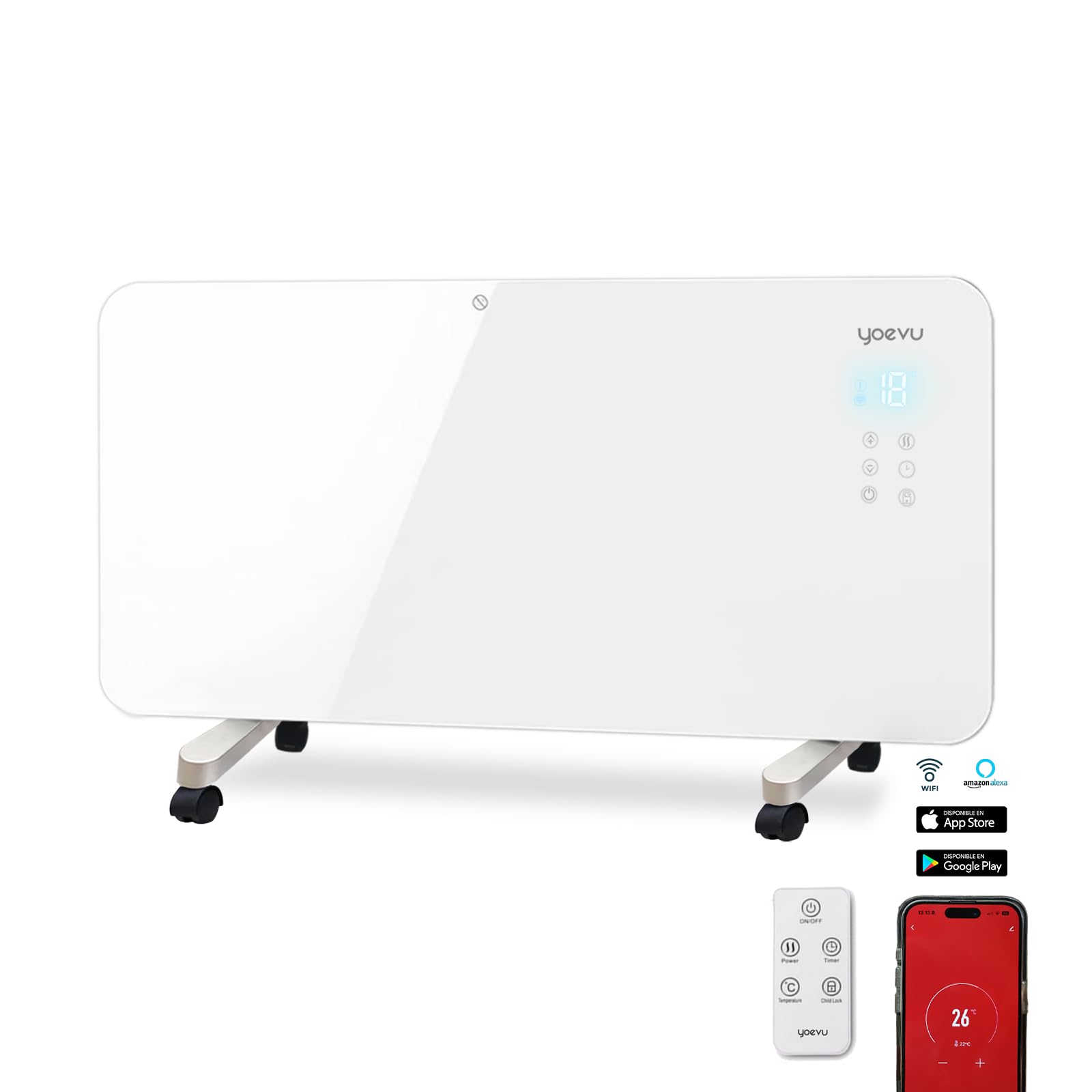 YOEVU | Radiador eléctrico bajo consumo 1500W | Programable con control móvil y WIFI | Termostato regulable | Soporte con ruedas | IP24 | Protección sobrecalentamiento | Blanco