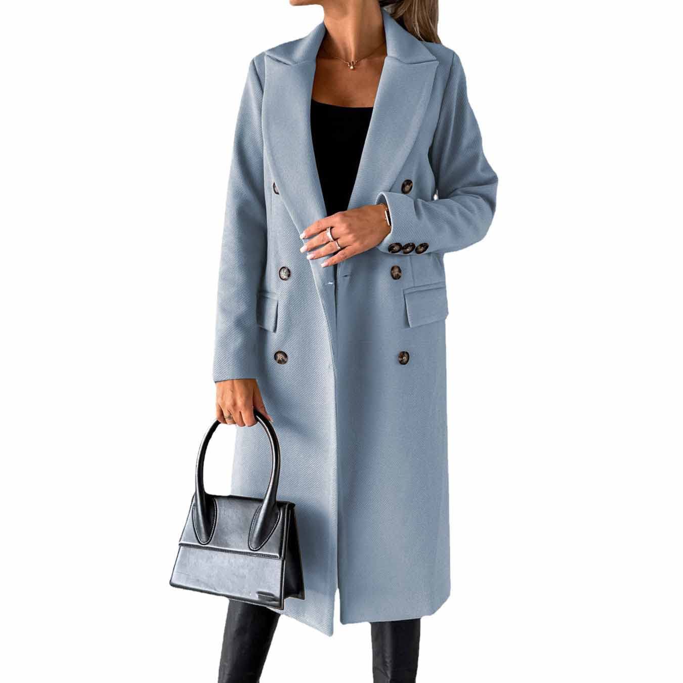 CARGISLong-sleeved wool coat with double-breasted buttons,Women's Double Breasted Long Trench Coat Windproof Classic Lapel Slim Overcoat