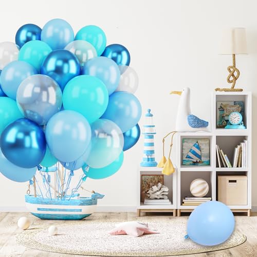 Image of Funhot Teal Blue Balloons Set, 60PCS Turquoise Blue Balloon, 12Inch Pastel Blue Pearl White Latex Balloon Metallic Blue Balloons for Birthday Baby Shower Shark Ocean Party Decorations