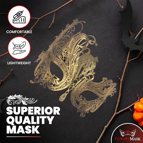 Image of Metal Filigree Masquerade Mask for Women - Swan Style Mask with Rhinestones for Mardi Gras, Prom, Halloween & Venetian Party