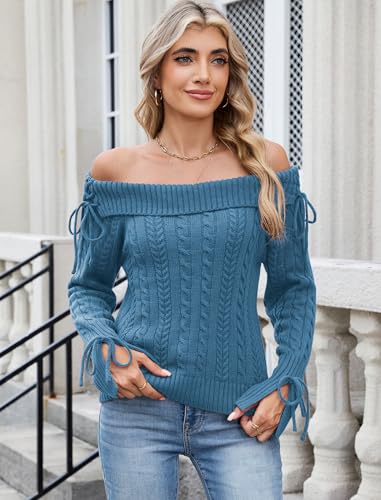 ZAFUL Women Off Shoulder Sweaters Long Sleeve Cable Knit Slim Fit Ribbed Knit Tops Pullover Sweaters3