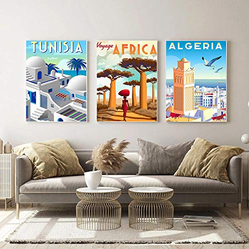 DFRES Nordique Vintage Voyage Villes Affiche Tunisie Afrique AlgéRie Paysage Toile Tableau Peinture Anime Murale Art Salon Decoration Tableaux 40x60cmx3 Pas De Cadre