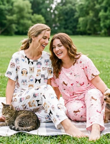 Image of Ekouaer Womens Satin Silky Pajama Set Short Sleeve Shirt with Long Pajama Pant Set Soft PJ Loungewear