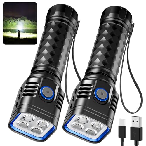 2 Pack Rechargeable Flashlights High Lumens, 2000mAh Battery Powered Super Bright LED Flashlight, USB C Handheld Metal Pocket Flashlight Small EDC Tactical Flash Light for Home Camping Fishing Hiking