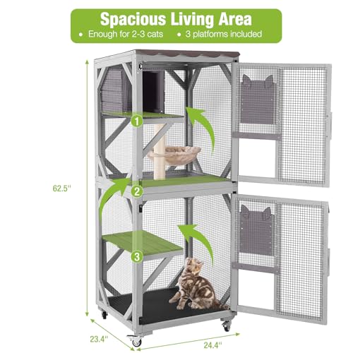 Image of GUTINNEEN Cat House Catio Outdoor Cat Enclosure on Wheels Kitty Shelter with Waterproof Cover,Large Cat Cage with Resting Room,Platforms 62.5 inch