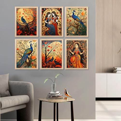 Image of kotart Premium Digital Madhubani Art Paintings with Frame for Home Decor - Framed Painting for Living Room Bedroom Office Room Decor - Painting for Wall Decoration - Pack of 6 (F)
