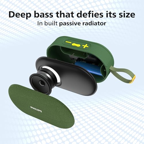 Image of PHILIPS TAS1400GY Wireless Bluetooth Speaker with Deep Bass, Passive Radiator, 12W Sound Output, 1200mAh Rechargable Battery, RGB Light Modes, 10H Playtime, Supports TF /USB (Willow Bough)