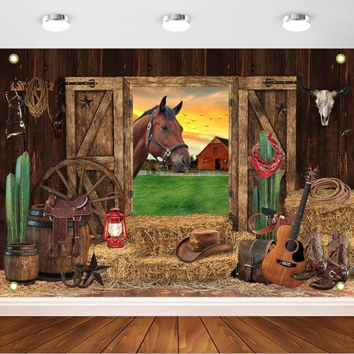 Avezano Western Cowboy Backdrop Western Rustic Horse Wooden Barn Photography Background Wild West Rodeo Party Decorations Banner for Kids Adults Western Cowboy Party Supplies (7x5ft)