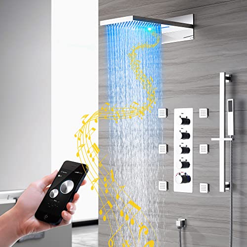 Sistema de ducha Bluetooth con LED Cascada 9"x22” montaje en pared con 4 funciones (lluvia, cascada, jets corporales y ducha de mano) (Negro mate) miniatura 3