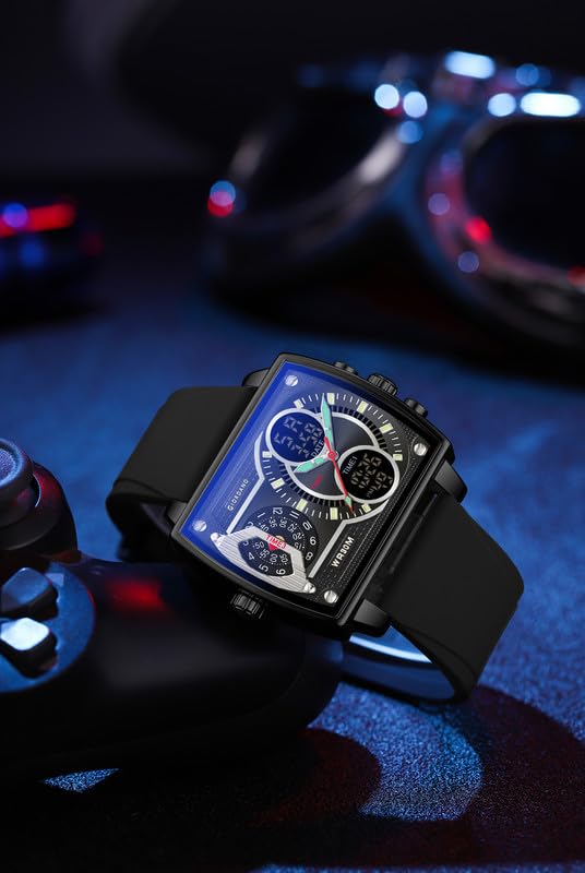 Image of Giordano Square Hybrid Analog-Digital Watch for Men - Triple Time Zone Display with Quartz Precision and Durable Sport Grade Silicone Strap - GZ-50161