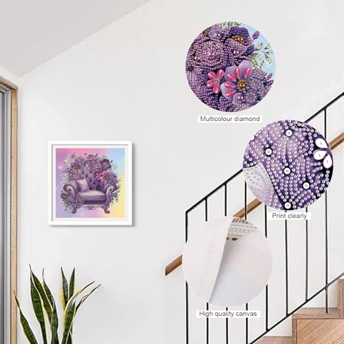 Image of AiYuanzsh Purple Floral Sofa Diamond Art Kits for Adults, 5D Special Shape Crystal Rhinestone Diamond Painting, DIY Diamond Art Kits for Beginners, Home Wall Decoration Gift, 12x12 Inch