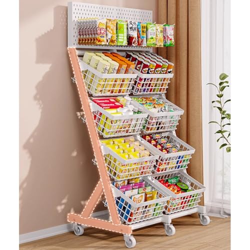 Carrito metálico para Snacks de 3 y 4 Niveles, Expositor de Doble Fila para Dulces y Snacks, Soporte metálico para Suelo (4 Niveles, Blanco)