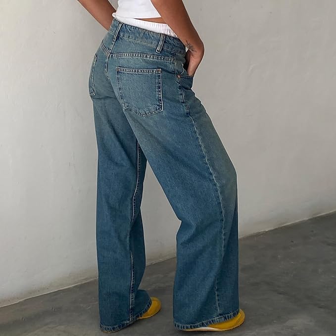 Womens Baggy Jeans,Women Y2K Low Rise Baggy Jeans,Straight Wide Leg Boyfriend Streetwear Loose Fit Denim Pants2