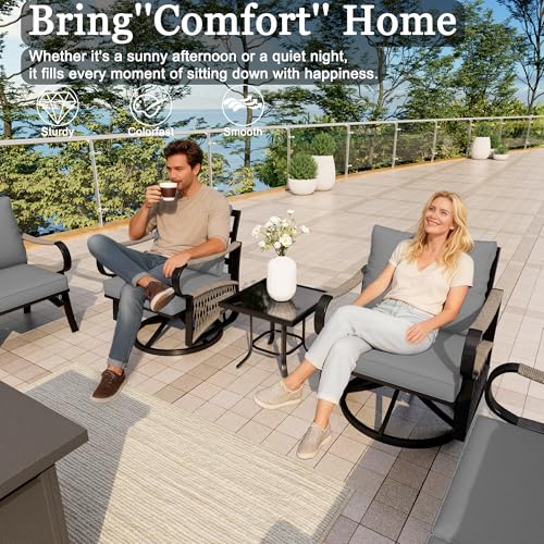 Image of 5-Piece Outdoor Furniture Set, Metal Swivel Rocking Chairs with All-Weather Cushions, Rope Patio Conversation Set with Fire Pit Table for Deck, Porch, Garden, Backyard, Poolside (Gray Cushions)