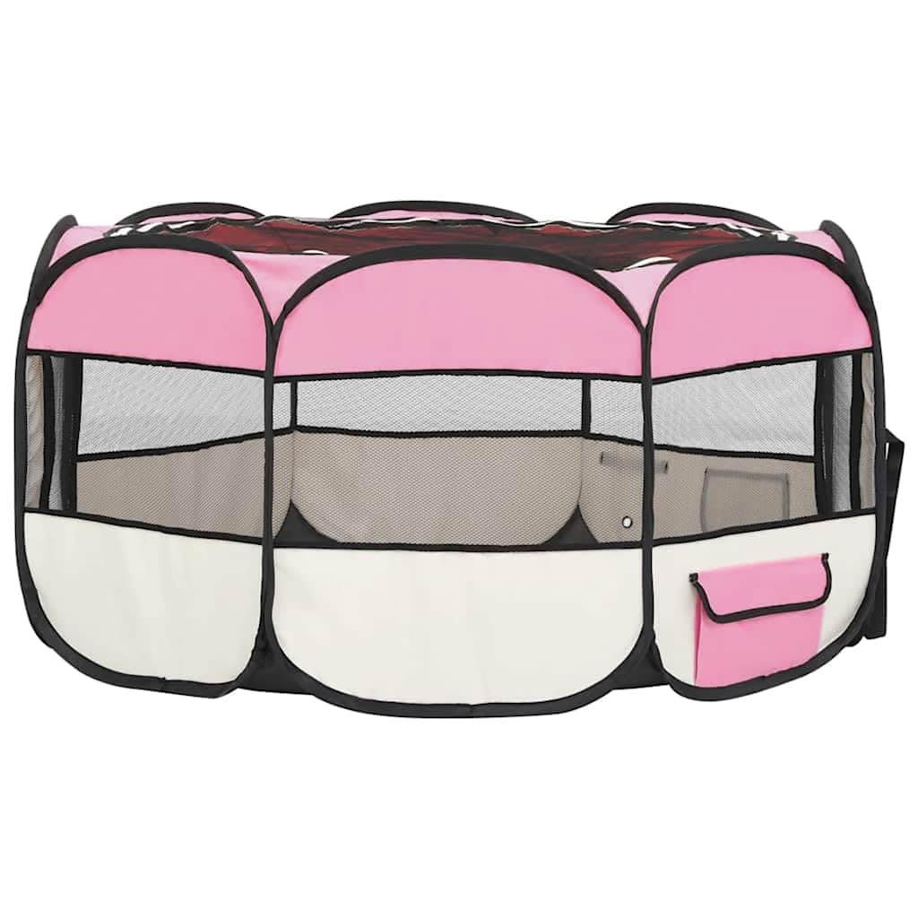 Welpenlaufstall faltbar für Hunde und Kleintiere, mobiler Tierlaufstall mit Tragetasche, Welpengitter Freigehege für drinnen und Reisen, Rosa und Creme, 145x145x61 cm