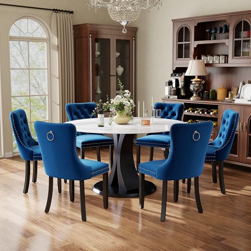 Image of 7-Piece Dining Table Set with 47In Faux Marble Table and 6 Velvet Upholstered Chairs, Modern Scandinavian Furniture for Dining Room Kitchen(Blue)