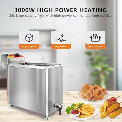 25 L Commercial Electric Deep Fryer,Stainless Steel,12 Hooks Mozzarella Sticks Frying Machine,140 to 392? Adjustment