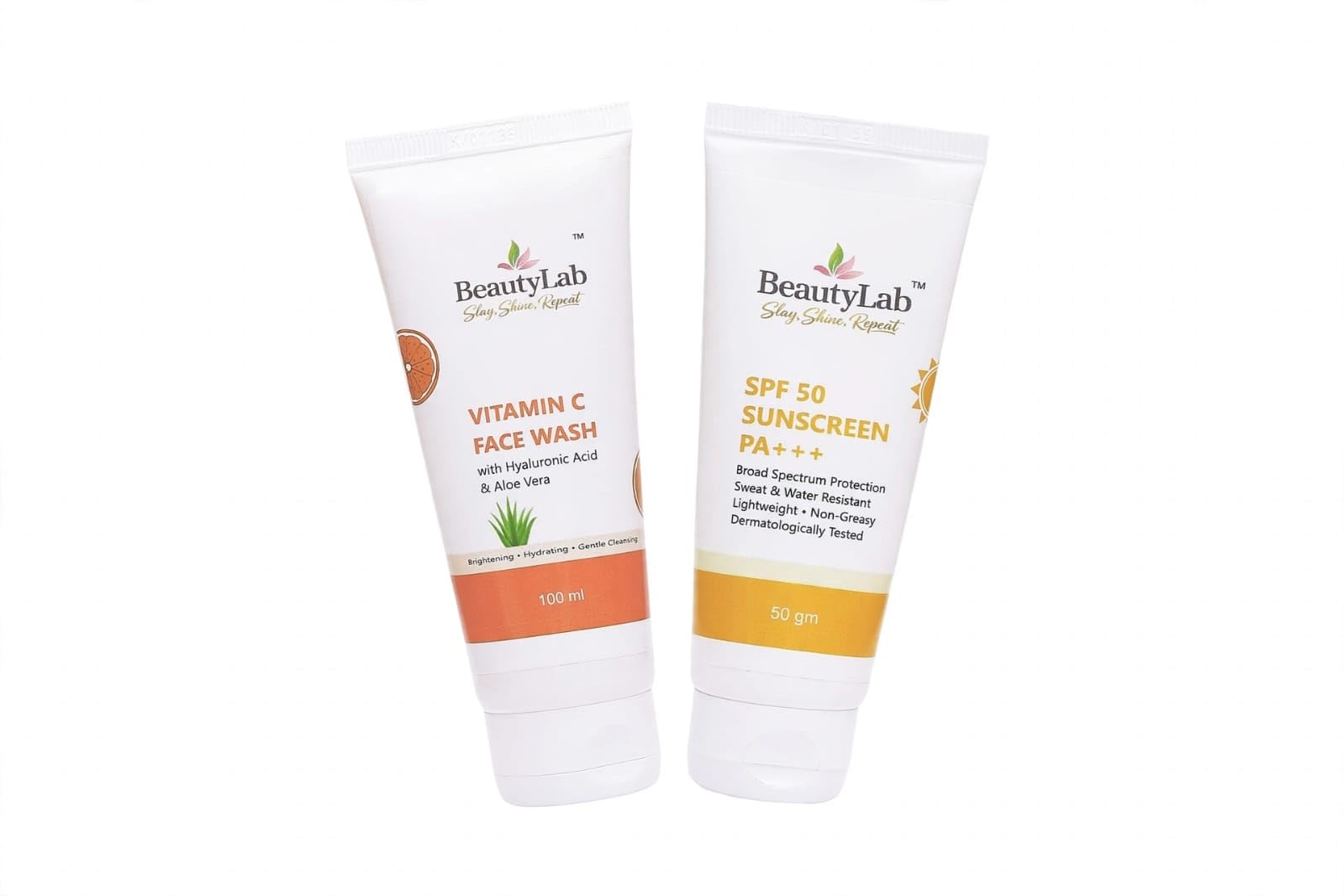 beautylab vitamin c face wash & spf 50 sunscreen combo pack of 2 | hyaluronic acid & aloe vera, broad spectrum pa+++, sweat & water resistant, dermatologically tested, pack of 2