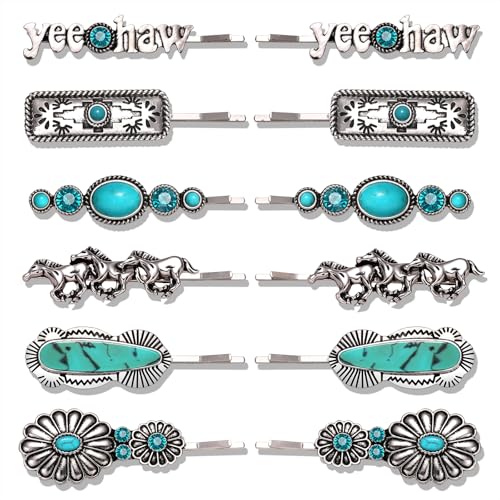 12PCS Western Turquoise Hair Clips for Women, Cowboy Cowgirl Boot Hat Hair Clips Turquoise Star Lightning Cactus Hairpins Vintage Turquoise Hair Accessories (Pattern C)