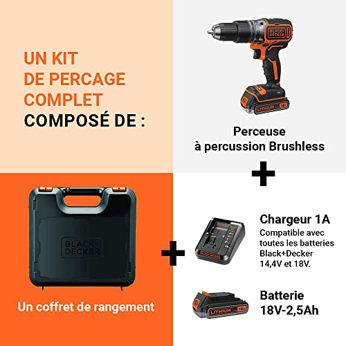 Perceuse percussion brushless BLACK+DECKER 18V double batterie 2.5Ah