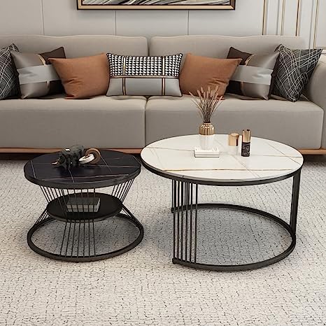 Image of Modern Nested Coffee Table Set of 2 | Round Marble Finish Tabletop with Metal Base | Luxury Center Table for Living Room, Lounge & Office