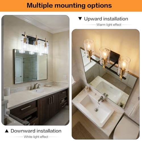Image of SOLFART Vintage Vanity Lights Bathroom Light Fixture Over Mirror for Bath Glass Shade Light Black and Brass Modern Style 3 Lights