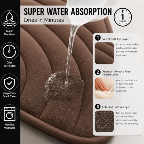 Image of Premium Memory Foam Bath Mat | 40x60cm Super Absorbent Velvet Bathroom Rug | Non-Slip Machine Washable Floor Mat (Mocha Brown)